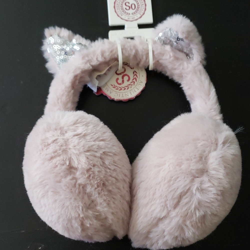 Blush Colored Earmuffs w/ Silver Sequin Cat Ears